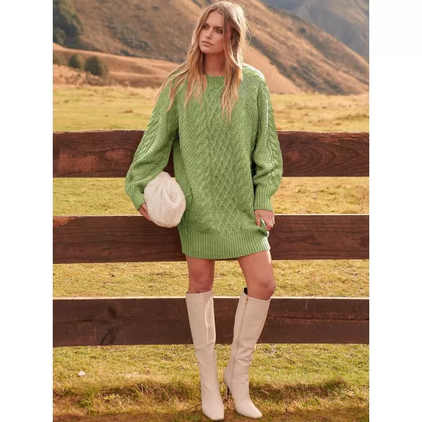 imageANRABESS Women 2023 Fall Crewneck Long Sleeve Oversized Cable Knit Chunky Pullover Short Sweater DressesLight Green