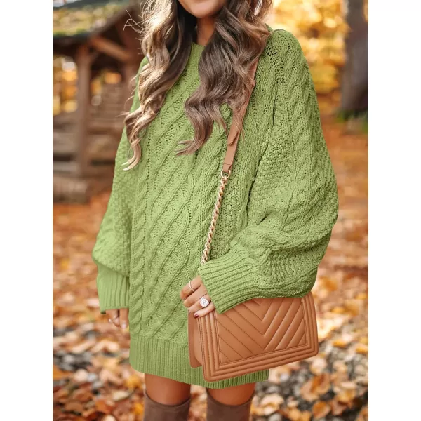 imageANRABESS Women 2023 Fall Crewneck Long Sleeve Oversized Cable Knit Chunky Pullover Short Sweater DressesLight Green