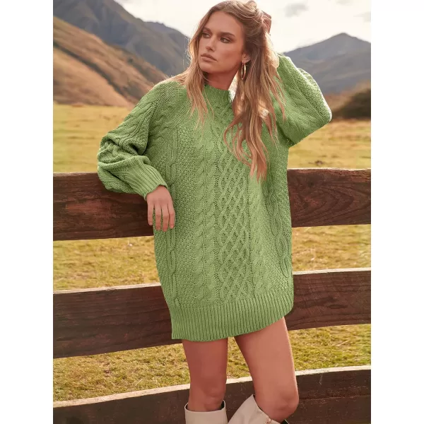 imageANRABESS Women 2023 Fall Crewneck Long Sleeve Oversized Cable Knit Chunky Pullover Short Sweater DressesLight Green