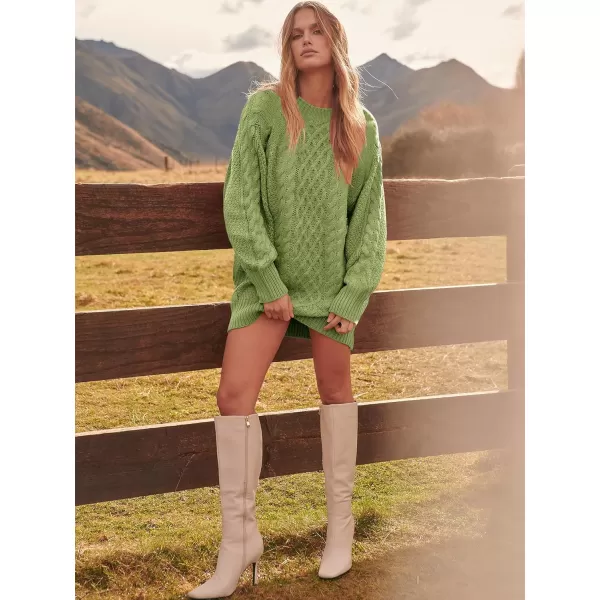 imageANRABESS Women 2023 Fall Crewneck Long Sleeve Oversized Cable Knit Chunky Pullover Short Sweater DressesLight Green
