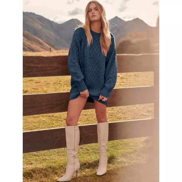 imageANRABESS Women 2023 Fall Crewneck Long Sleeve Oversized Cable Knit Chunky Pullover Short Sweater DressesNavy