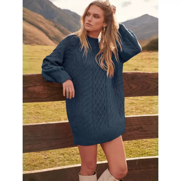 imageANRABESS Women 2023 Fall Crewneck Long Sleeve Oversized Cable Knit Chunky Pullover Short Sweater DressesNavy