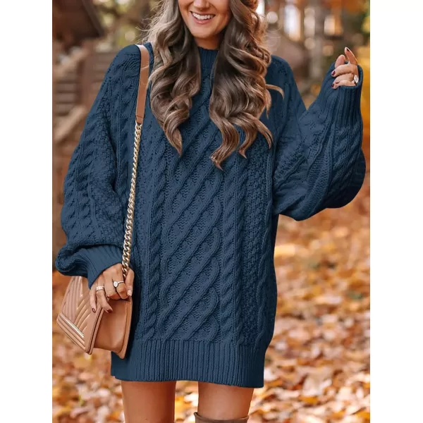 imageANRABESS Women 2023 Fall Crewneck Long Sleeve Oversized Cable Knit Chunky Pullover Short Sweater DressesNavy