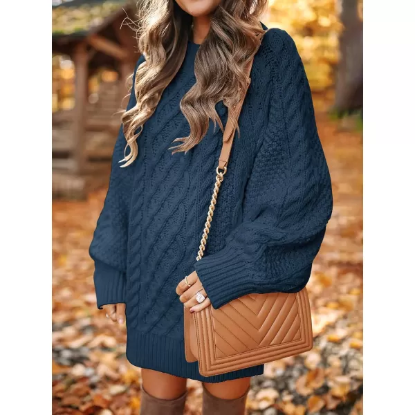 imageANRABESS Women 2023 Fall Crewneck Long Sleeve Oversized Cable Knit Chunky Pullover Short Sweater DressesNavy