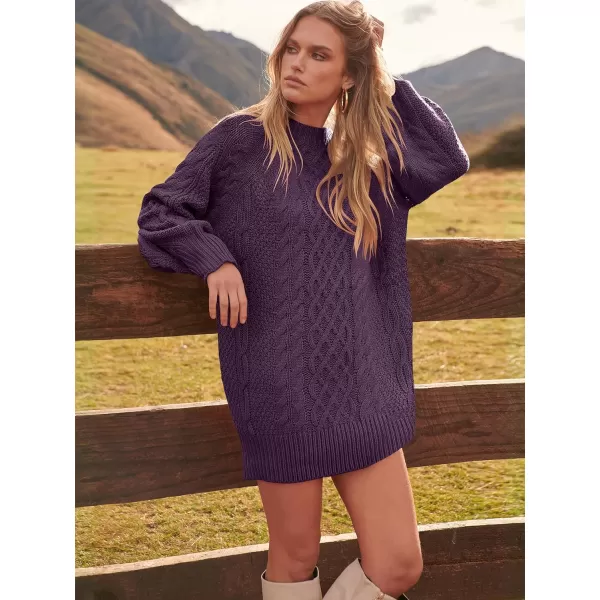imageANRABESS Women 2023 Fall Crewneck Long Sleeve Oversized Cable Knit Chunky Pullover Short Sweater DressesPurple