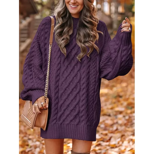 imageANRABESS Women 2023 Fall Crewneck Long Sleeve Oversized Cable Knit Chunky Pullover Short Sweater DressesPurple