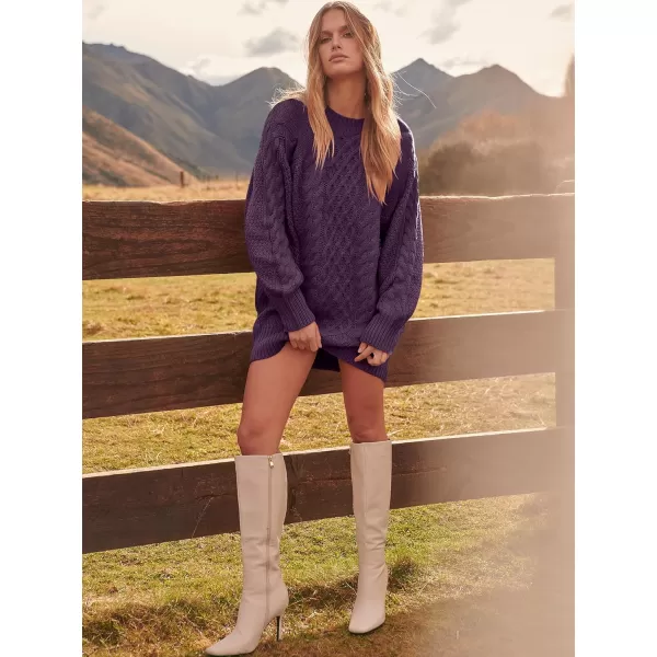 imageANRABESS Women 2023 Fall Crewneck Long Sleeve Oversized Cable Knit Chunky Pullover Short Sweater DressesPurple