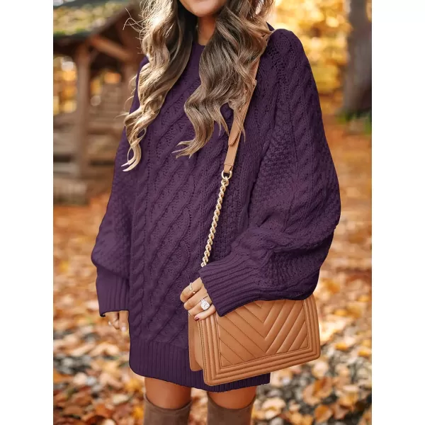 imageANRABESS Women 2023 Fall Crewneck Long Sleeve Oversized Cable Knit Chunky Pullover Short Sweater DressesPurple