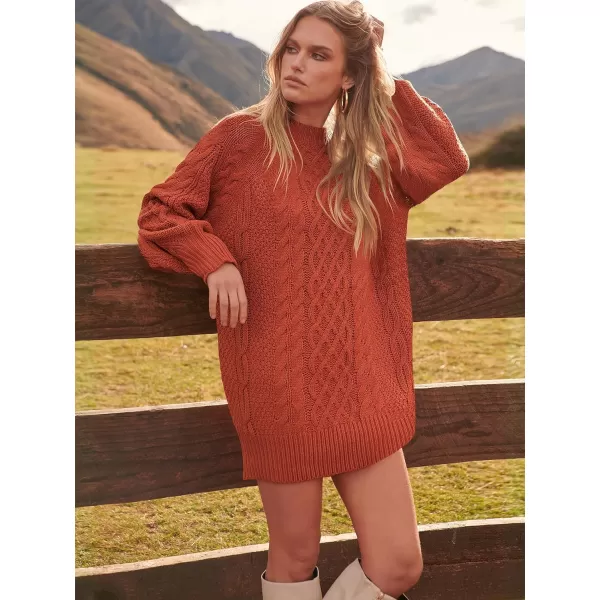 imageANRABESS Women 2023 Fall Crewneck Long Sleeve Oversized Cable Knit Chunky Pullover Short Sweater DressesRust