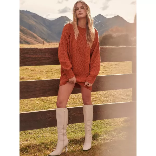 imageANRABESS Women 2023 Fall Crewneck Long Sleeve Oversized Cable Knit Chunky Pullover Short Sweater DressesRust