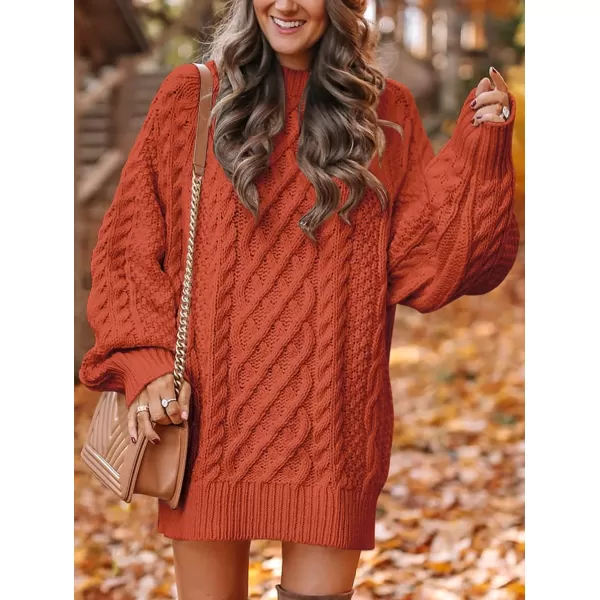 imageANRABESS Women 2023 Fall Crewneck Long Sleeve Oversized Cable Knit Chunky Pullover Short Sweater DressesRust