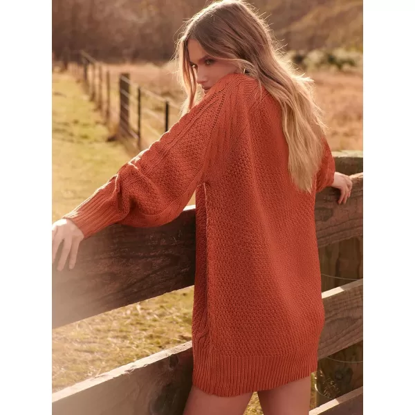 imageANRABESS Women 2023 Fall Crewneck Long Sleeve Oversized Cable Knit Chunky Pullover Short Sweater DressesRust