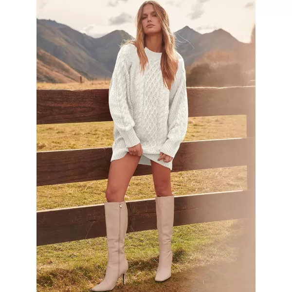 imageANRABESS Women 2023 Fall Crewneck Long Sleeve Oversized Cable Knit Chunky Pullover Short Sweater DressesWhite