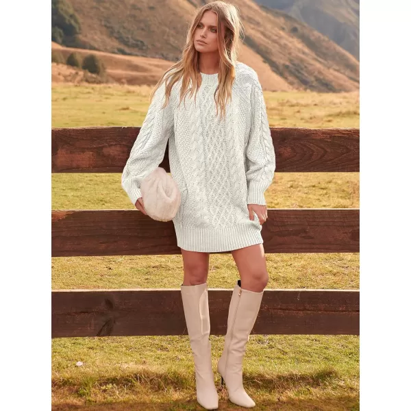 imageANRABESS Women 2023 Fall Crewneck Long Sleeve Oversized Cable Knit Chunky Pullover Short Sweater DressesWhite
