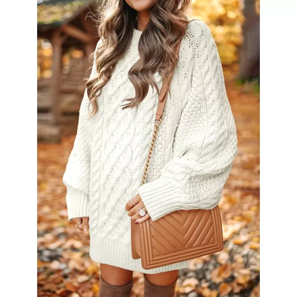 imageANRABESS Women 2023 Fall Crewneck Long Sleeve Oversized Cable Knit Chunky Pullover Short Sweater DressesWhite