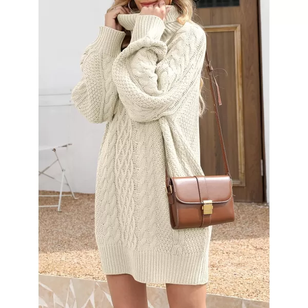 imageANRABESS Women 2023 Fall Oversized Long Sleeve Turtleneck Cable Knit Chunky Pullover Short Sweater DressBeige