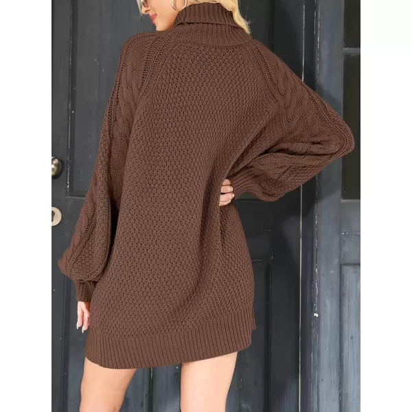 imageANRABESS Women 2023 Fall Oversized Long Sleeve Turtleneck Cable Knit Chunky Pullover Short Sweater DressBrown