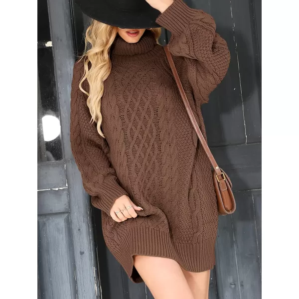 imageANRABESS Women 2023 Fall Oversized Long Sleeve Turtleneck Cable Knit Chunky Pullover Short Sweater DressBrown