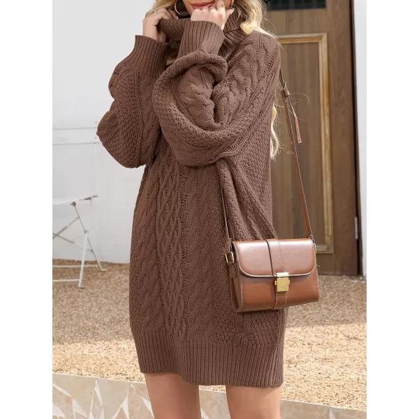 imageANRABESS Women 2023 Fall Oversized Long Sleeve Turtleneck Cable Knit Chunky Pullover Short Sweater DressBrown
