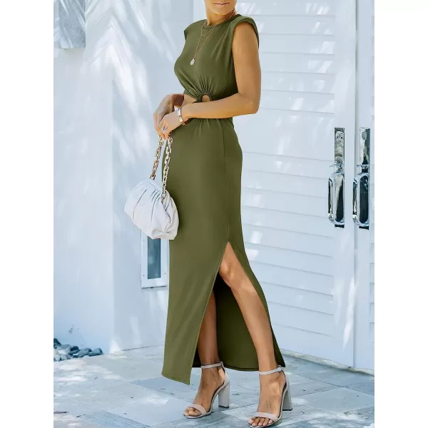 imageANRABESS Women 2023 Summer Sleeveless Padded Shoulder Cutout Sexy Bodycon Slit Maxi Formal DressArmy Green