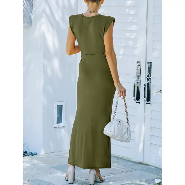 imageANRABESS Women 2023 Summer Sleeveless Padded Shoulder Cutout Sexy Bodycon Slit Maxi Formal DressArmy Green