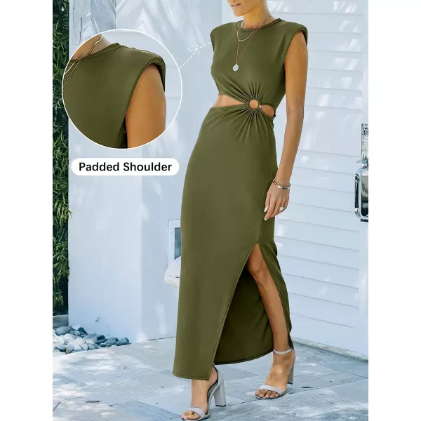 imageANRABESS Women 2023 Summer Sleeveless Padded Shoulder Cutout Sexy Bodycon Slit Maxi Formal DressArmy Green