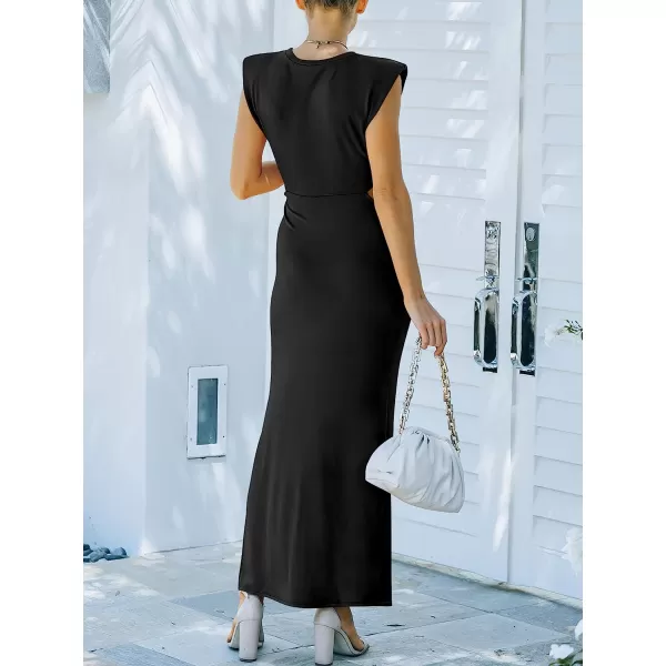 imageANRABESS Women 2023 Summer Sleeveless Padded Shoulder Cutout Sexy Bodycon Slit Maxi Formal DressBlack