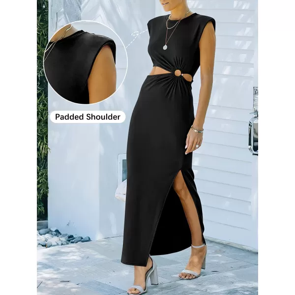 imageANRABESS Women 2023 Summer Sleeveless Padded Shoulder Cutout Sexy Bodycon Slit Maxi Formal DressBlack