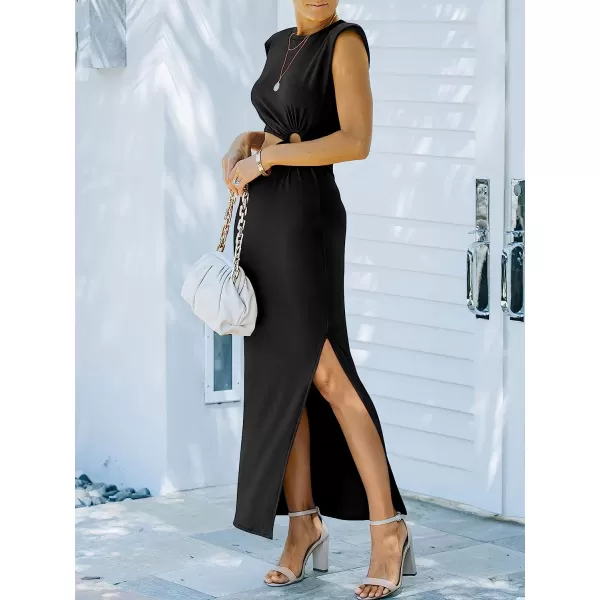imageANRABESS Women 2023 Summer Sleeveless Padded Shoulder Cutout Sexy Bodycon Slit Maxi Formal DressBlack