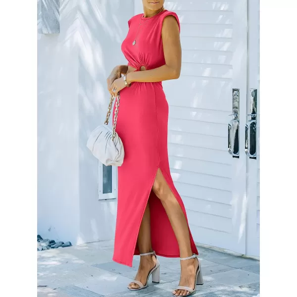 imageANRABESS Women 2023 Summer Sleeveless Padded Shoulder Cutout Sexy Bodycon Slit Maxi Formal DressHot Pink