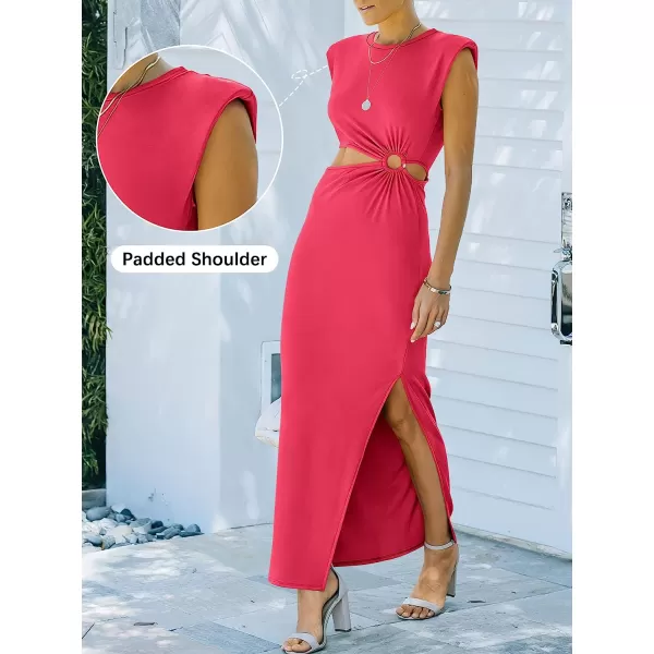 imageANRABESS Women 2023 Summer Sleeveless Padded Shoulder Cutout Sexy Bodycon Slit Maxi Formal DressHot Pink