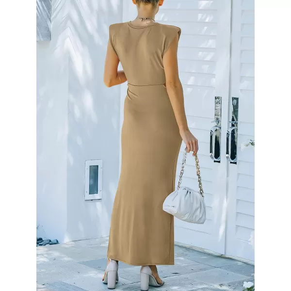 imageANRABESS Women 2023 Summer Sleeveless Padded Shoulder Cutout Sexy Bodycon Slit Maxi Formal DressKhaki