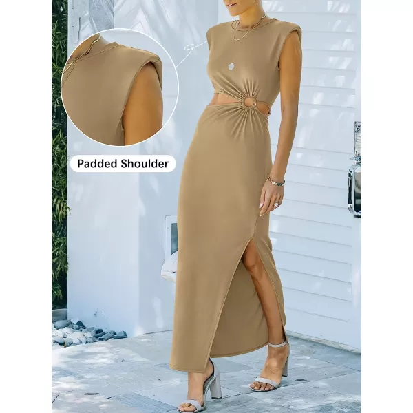 imageANRABESS Women 2023 Summer Sleeveless Padded Shoulder Cutout Sexy Bodycon Slit Maxi Formal DressKhaki