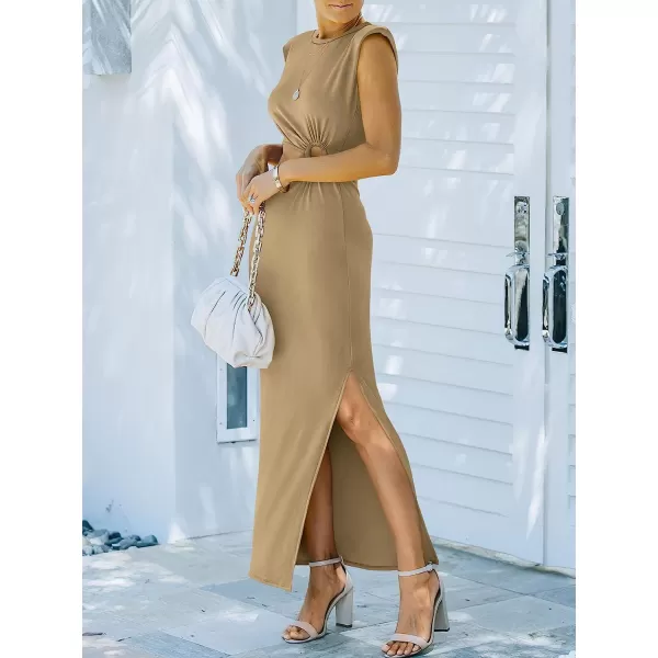 imageANRABESS Women 2023 Summer Sleeveless Padded Shoulder Cutout Sexy Bodycon Slit Maxi Formal DressKhaki