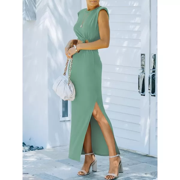 imageANRABESS Women 2023 Summer Sleeveless Padded Shoulder Cutout Sexy Bodycon Slit Maxi Formal DressLight Green