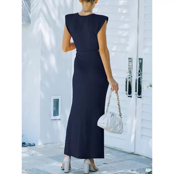 imageANRABESS Women 2023 Summer Sleeveless Padded Shoulder Cutout Sexy Bodycon Slit Maxi Formal DressNavy Blue