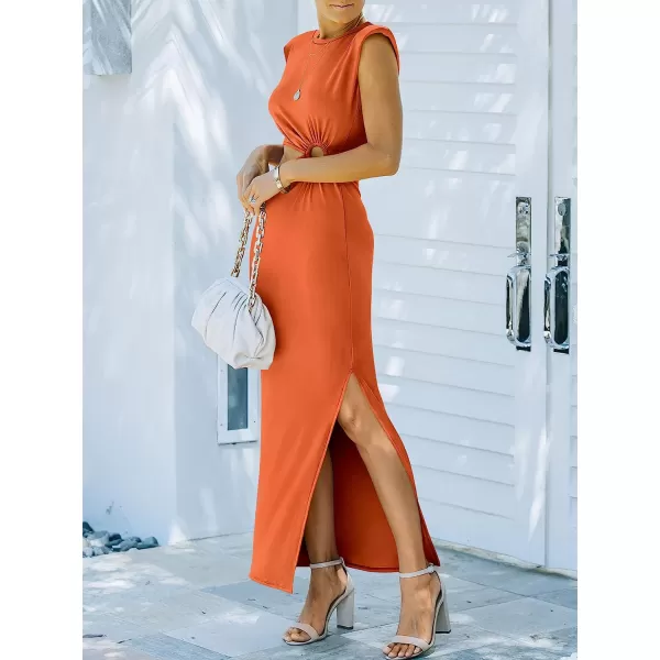 imageANRABESS Women 2023 Summer Sleeveless Padded Shoulder Cutout Sexy Bodycon Slit Maxi Formal DressOrange