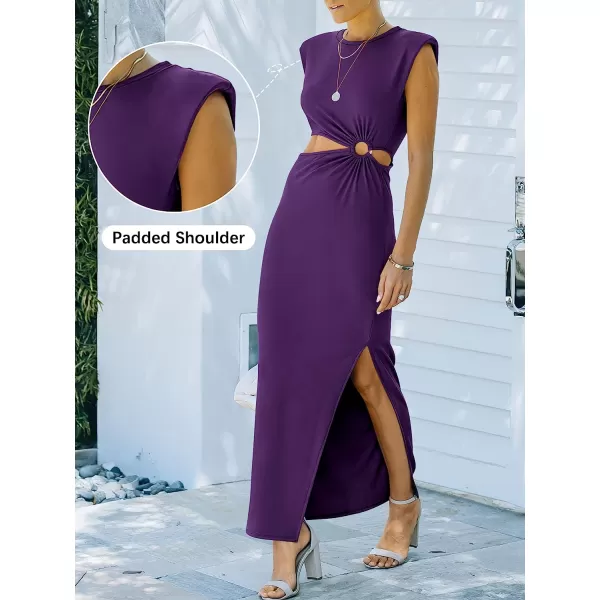 imageANRABESS Women 2023 Summer Sleeveless Padded Shoulder Cutout Sexy Bodycon Slit Maxi Formal DressPurple