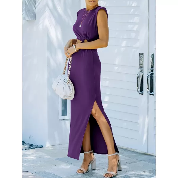 imageANRABESS Women 2023 Summer Sleeveless Padded Shoulder Cutout Sexy Bodycon Slit Maxi Formal DressPurple