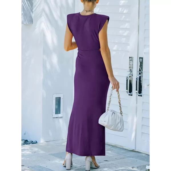 imageANRABESS Women 2023 Summer Sleeveless Padded Shoulder Cutout Sexy Bodycon Slit Maxi Formal DressPurple