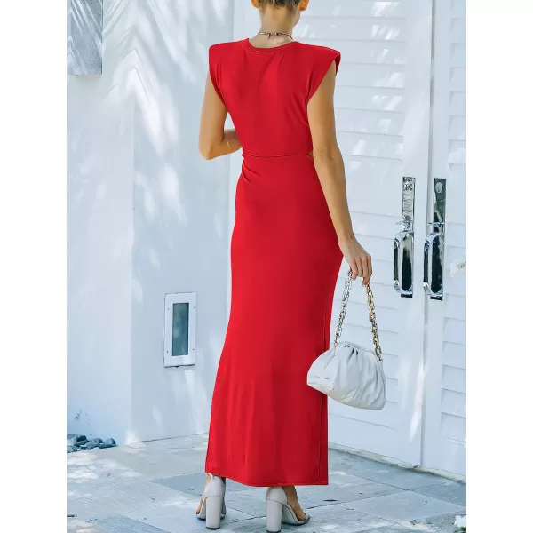 imageANRABESS Women 2023 Summer Sleeveless Padded Shoulder Cutout Sexy Bodycon Slit Maxi Formal DressRed