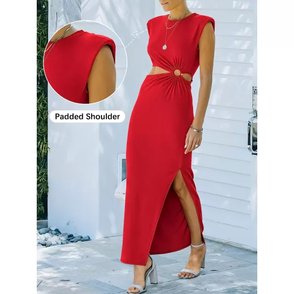 imageANRABESS Women 2023 Summer Sleeveless Padded Shoulder Cutout Sexy Bodycon Slit Maxi Formal DressRed