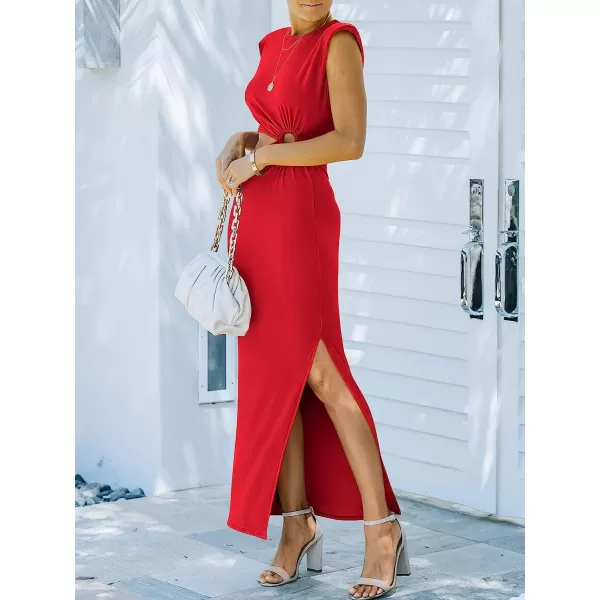 imageANRABESS Women 2023 Summer Sleeveless Padded Shoulder Cutout Sexy Bodycon Slit Maxi Formal DressRed