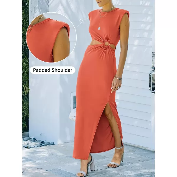 imageANRABESS Women 2023 Summer Sleeveless Padded Shoulder Cutout Sexy Bodycon Slit Maxi Formal DressRust