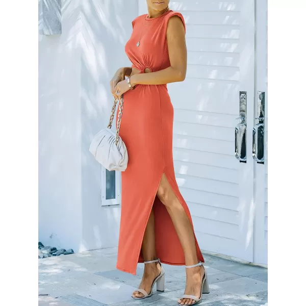imageANRABESS Women 2023 Summer Sleeveless Padded Shoulder Cutout Sexy Bodycon Slit Maxi Formal DressRust