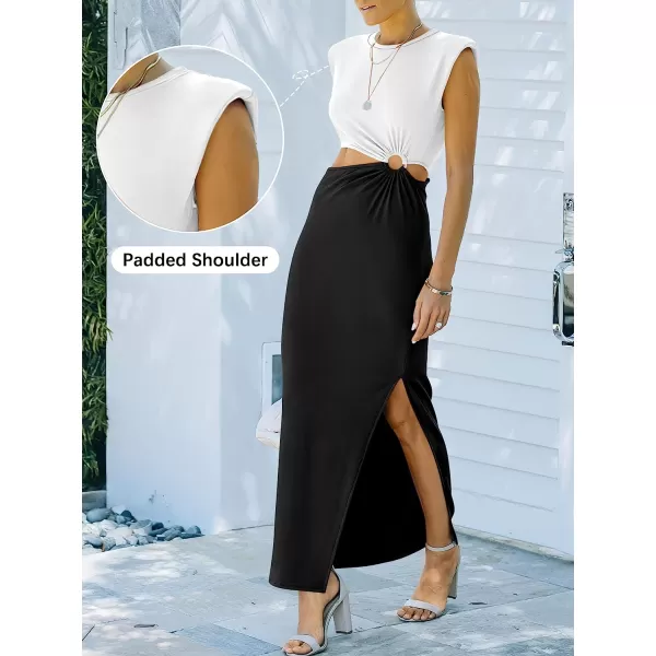 imageANRABESS Women 2023 Summer Sleeveless Padded Shoulder Cutout Sexy Bodycon Slit Maxi Formal DressWhiteblack