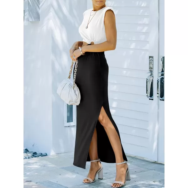 imageANRABESS Women 2023 Summer Sleeveless Padded Shoulder Cutout Sexy Bodycon Slit Maxi Formal DressWhiteblack