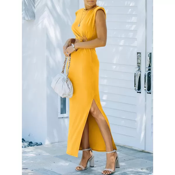 imageANRABESS Women 2023 Summer Sleeveless Padded Shoulder Cutout Sexy Bodycon Slit Maxi Formal DressYellow