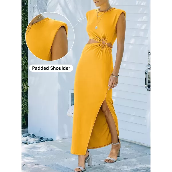 imageANRABESS Women 2023 Summer Sleeveless Padded Shoulder Cutout Sexy Bodycon Slit Maxi Formal DressYellow