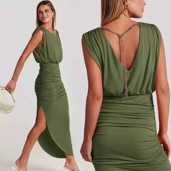 imageANRABESS Women 2023 Summer Sleeveless Ruch Bodycon High Waist Asymmetric Slit Cocktail Maxi DressArmy Green